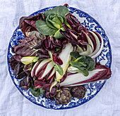 Various bitter salads and carciofini on a blue and white plate