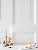 White wooden cassette background, candle holder, Christmas decoration