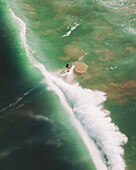 Aerial view of surfers, Bidart, France.