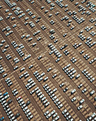 Aerial view of commercial vehicles in a parking lot in Tarnos, Landes, france.