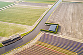Luftaufnahme eines Kanals inmitten der wunderschönen Tulpenfelder des Keukenhofs in Lisse, Niederlande