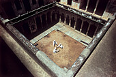 Aerial view of People relaxing in courtyard, Rajasthan, india