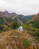 Luftaufnahme der Tabayama Roller Slide-Pagode während der Koyo-Saison, Tokio, Japan.