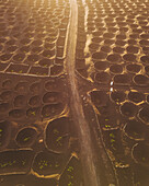 Aerial view of unique vine cultivation in volcanic landscape, La Geria, Lanzarote, Canary Islands, Spain.