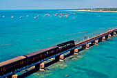 Aerial view of Trains Railways, train passing on bridge, rameshwaram, tamil nadu, India, Asia
