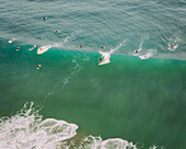 Aerial view of surfers, Bidart, France.