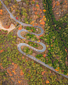 Luftaufnahme einer kurvenreichen Straße, die zum Berg Haruna führt, während der Koyo-Saison, Gunma, Japan.
