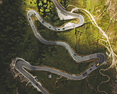 Aerial view of the Alta Badia mountain pass, Dolomites, Italy.