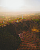 Aerial view of wind turbines near El Romeral, Castilla la Mancha, Spain.