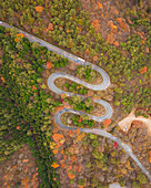 Luftaufnahme einer kurvenreichen Straße, die zum Berg Haruna führt, während der Koyo-Saison, Gunma, Japan.