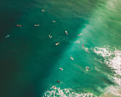 Aerial view of surfers, Bidart, France.