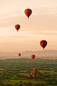 Aerial view of sunrise and hot air balloon, bagan, myanmar, burma