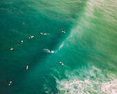 Aerial view of surfers, Bidart, France.