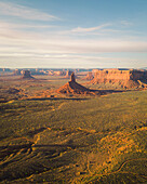 Aerial view of famous Monument Valley at sunrise, Utah, United States.