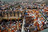 Aerial view of People from all over world gather for celebration of Mahamastakabhisheka head anointing ceremony of jain saint Gomateshwara lord Bahubali, Sravanabelagola, Karnataka, India