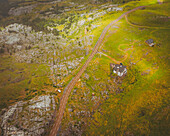 Aerial view of a sheep cattle on the Mountain Road Pass of La Pierre de San Martin, Nouvelle-Aquitaine, France.