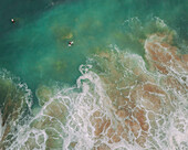 Aerial view of surfers, Bidart, France.
