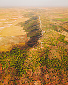 Aerial view of wind turbines near El Romeral, Castilla la Mancha, Spain.