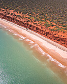 Aerial view of bottle bay with red cliffs and turquoise water, Francois Peron National Park, Australia.