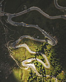 Aerial view of the Alta Badia mountain pass, Dolomites, Italy.