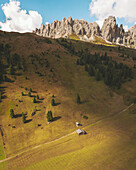 Aerial view of the Alta Badia mountain pass, Dolomites, Italy.