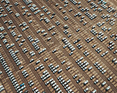 Aerial view of commercial vehicles in a parking lot in Tarnos, Landes, france.
