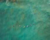 Aerial view of surfers, Bidart, France.