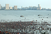 Aerial view of Helicopter at chowpatty, Ganapati immersion, Anant Chaturdashi, Bombay Mumbai, Maharashtra, India