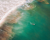 Aerial view of surfers, Bidart, France.