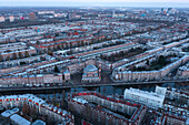 Aerial view of Western Mosque canalized river Schinkel in de foreground in Amsterdam West. Amsterdam, Noord - Holland, The Netherlands.