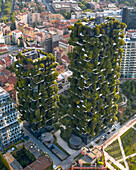 Aerial view of the two residential green towers Bosco Verticale in Milano, Italy.