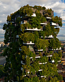 Aerial view of the two residential green towers Bosco Verticale in Milano, Italy.
