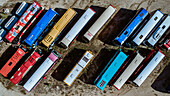 Aerial view of a parking lot full of touristic buses near Lloret de Mar, Spain.