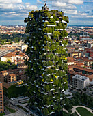 Aerial view of the two residential green towers Bosco Verticale in Milano, Italy.