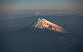 Aerial view of Mount Fuji seen from a window plane, Japan.