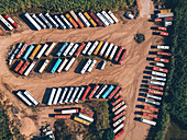 Aerial view of a parking lot full of touristic buses near Lloret de Mar, Spain.