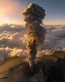 Aerial view of erupting Fuego volcano with smoke and ash clouds, Chimaltenango, Guatemala.