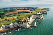 Aerial view of cliffs of Etretat, Seine-Maritime, Normandy, France.