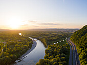 Aerial view of scenic sunset at Sava river and Zagreb countryside, Croatia.