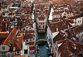 Aerial view of romantic canal in Venice at the Ponte dei Conzafelzi ,San Polo, Venice, Italy.