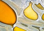 Luftaufnahme von bunten Mustern und Formen im Wasser, Yenyening Lakes Nature Reserve, Westaustralien.