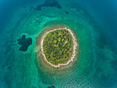 Aerial view of small islet of Itea called Agios Athanasios in Greece