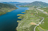 Aerial view of artificial lake Plastiras and surroundings located in Karditsa region, Greece