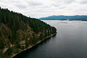 Luftaufnahme von Wald und Damm im Dospat-Stausee, Rhodopen, Dospat, Smolyan, Bulgarien.