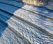 Abstract aerial view of Aletsch Glacier ice formation, Valais, Switzerland.