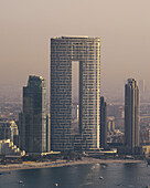 Aerial view of Address beach resort and Dubai skyline at sunset, Dubai, United Arab Emirates.