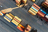Aerial view of colorful shipping containers and cargo at the bustling Halifax Seaport, Halifax City, Canada.