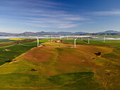 Aerial view of Overberg wind farm with green fields Western Cape, South Africa.