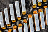 Aerial view of school buses in a parking lot, Sebastian, Florida, United States.