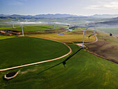 Aerial view of Overberg wind farm with green fields Western Cape, South Africa.